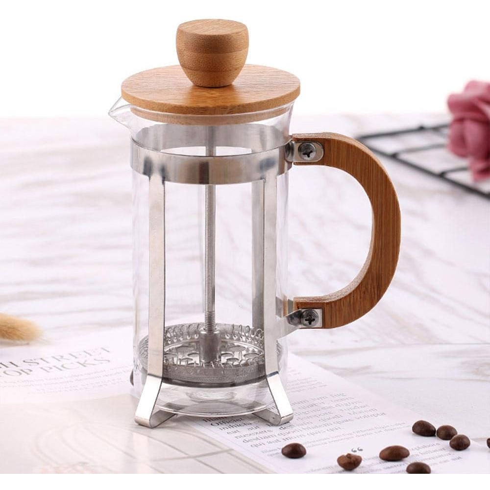 Cafetiera 350ml, bambus, sticla, otel inoxidabil, filtru fin, design robust