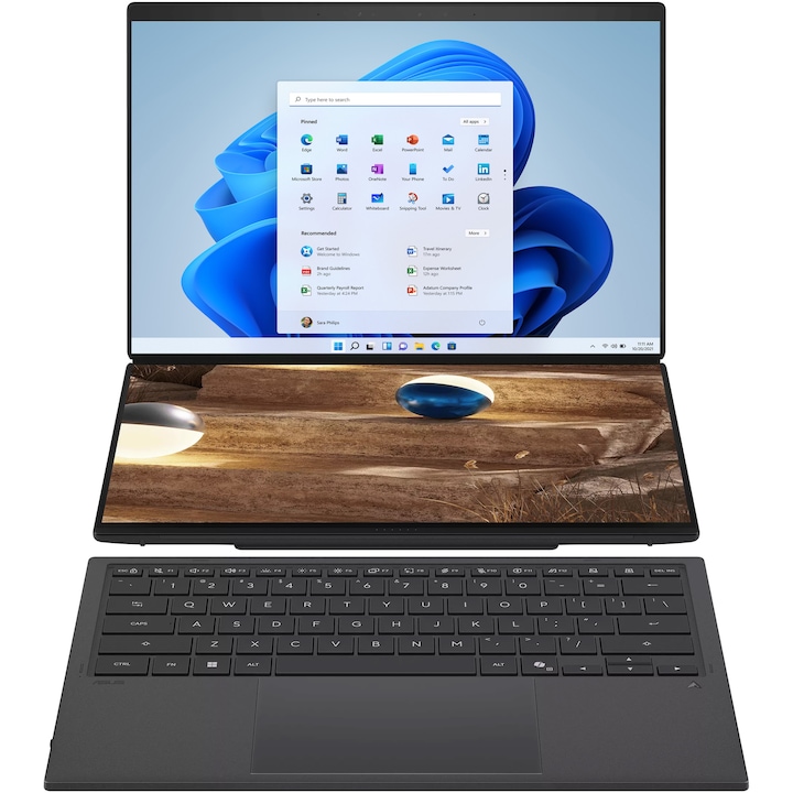 Laptop ASUS Zenbook Duo UX8407AA cu procesor Intel® Core™ Ultra X9 388H pana la 5.1GHz, 14'', 3K, OLED, 144Hz, Touch, 32GB LPDDR5X, 2TB SSD, Intel® Arc™ Graphics, Windows 11 Pro, Moher Gray