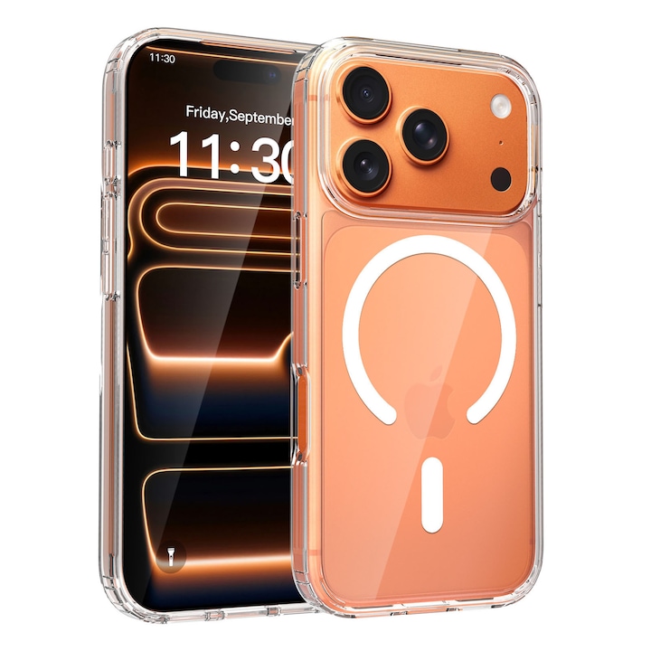 Huse telefoane, AFKSMILE, Husa de protectie compatibila Apple iPhone 17, MagSafe, Anti-soc, 1.5mm, Decupaje Precise, Rezistenta la impact, Margini ridicate pentru protectia ecranului, iPhone 17 Pro Max, TPU+PC, Transparenta