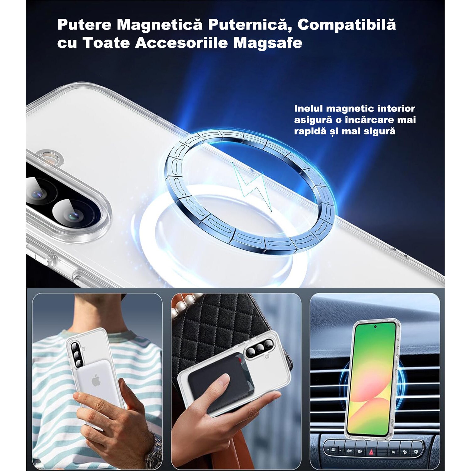 Husa de Protectie Magsafe Compatibila cu Samsung Galaxy A17/A16 5G, MOGU, Carcasa Magnetic Telefon Incarcare Wireless, Anti-ingalbenire, Rezistenta la Socuri, Protectie Impotriva Caderilor de Nivel Militar, Antizgarieturi, PC+TPU, Transparenta