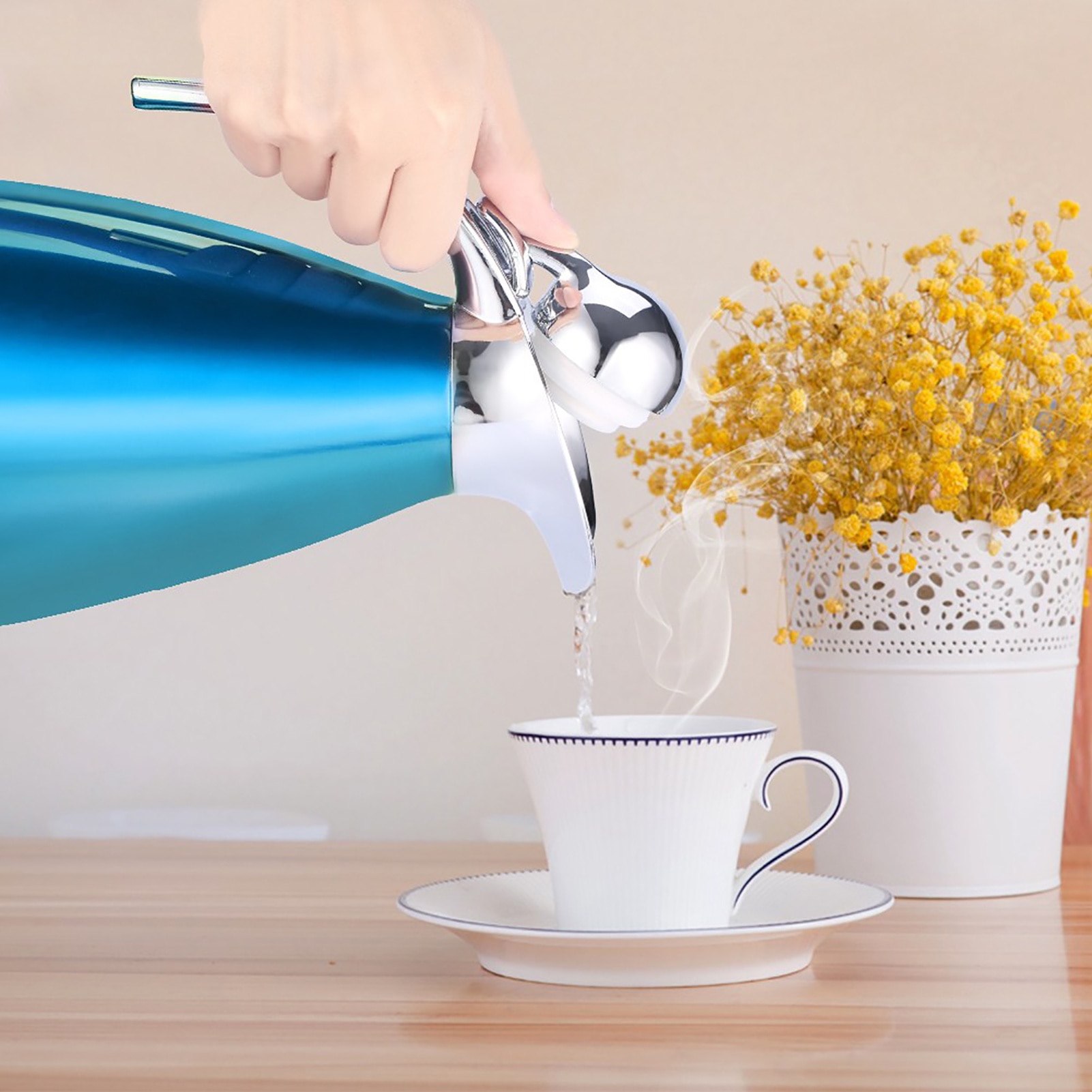 Cafetiera din otel inoxidabil, Cozevdnt, 2L, izolatie vid, capacitate 1.5L, culoare albastra
