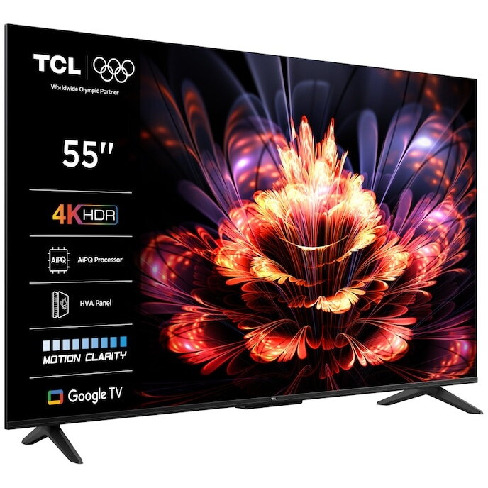 Televizor LED Smart TCL 55V6C, diagonala 139 cm, Ultra HD / 4K, clasa E, sistem operare Google TV, tehnologie HDR, Dolby Audio, Chromecast, T-Cast, Game Mode, negru