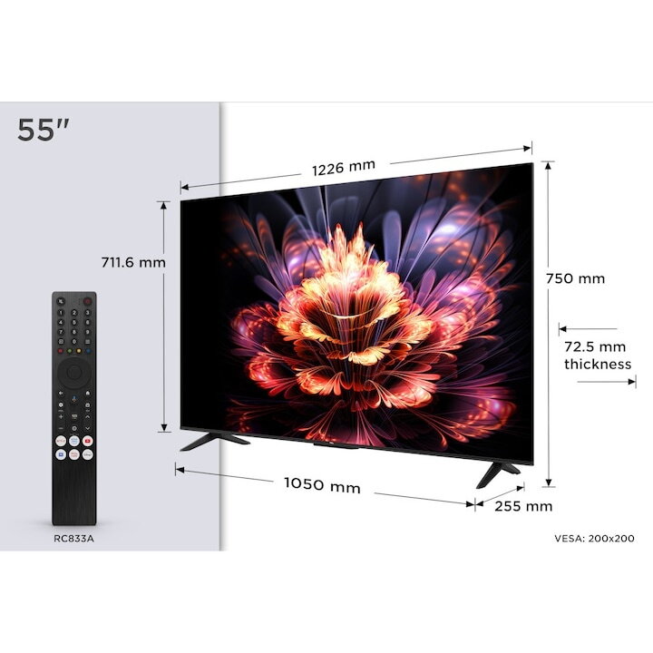 Televizor LED Smart TCL 55V6C, diagonala 139 cm, Ultra HD / 4K, clasa E, sistem operare Google TV, tehnologie HDR, Dolby Audio, Chromecast, T-Cast, Game Mode, negru