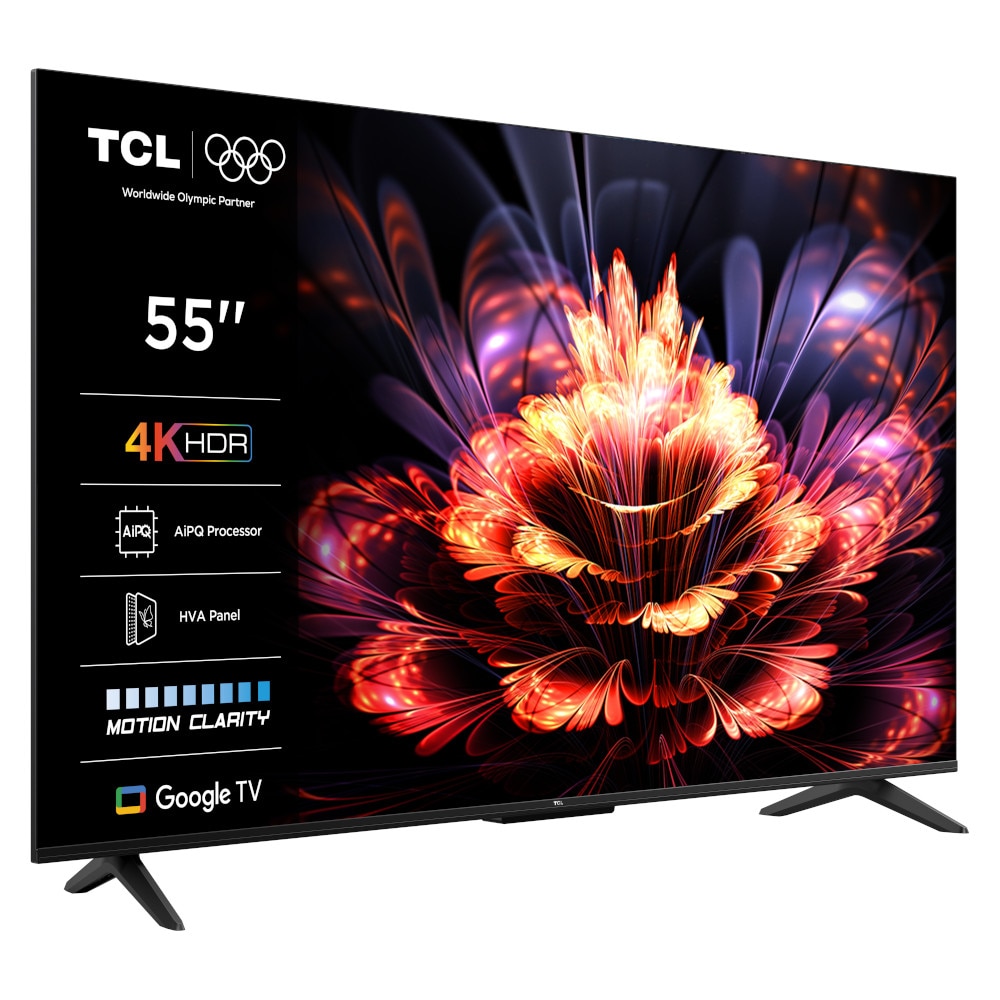 Televizor LED Smart TCL 55V6C, diagonala 139 cm, Ultra HD / 4K, clasa E, sistem operare Google TV, tehnologie HDR, Dolby Audio, Chromecast, T-Cast, Game Mode, negru