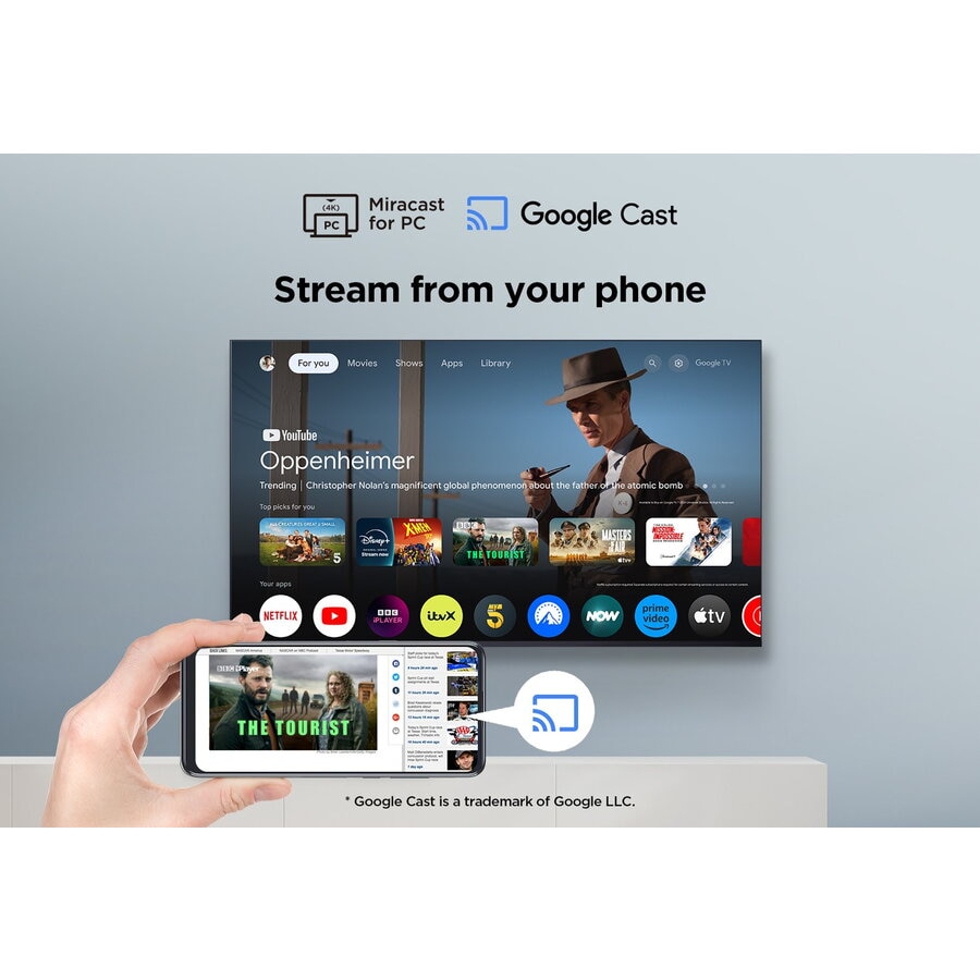 Televizor LED Smart TCL 55V6C, diagonala 139 cm, Ultra HD / 4K, clasa E, sistem operare Google TV, tehnologie HDR, Dolby Audio, Chromecast, T-Cast, Game Mode, negru