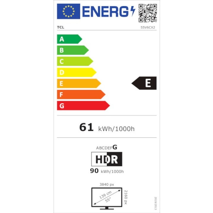 Televizor LED Smart TCL 55V6C, diagonala 139 cm, Ultra HD / 4K, clasa E, sistem operare Google TV, tehnologie HDR, Dolby Audio, Chromecast, T-Cast, Game Mode, negru