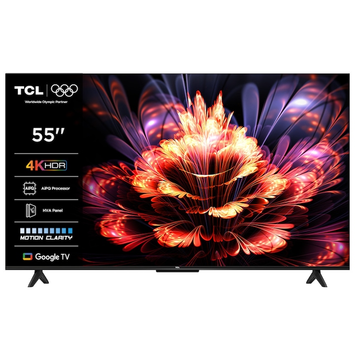 Televizor LED Smart TCL 55V6C, diagonala 139 cm, Ultra HD / 4K, clasa E, sistem operare Google TV, tehnologie HDR, Dolby Audio, Chromecast, T-Cast, Game Mode, negru