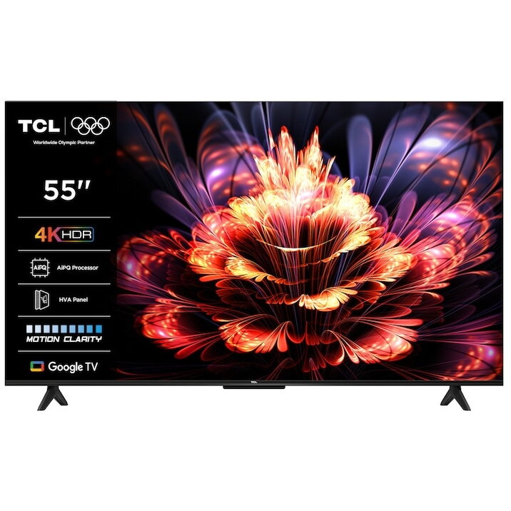 Televizor LED Smart TCL 55V6C, diagonala 139 cm, Ultra HD / 4K, clasa E, sistem operare Google TV, tehnologie HDR, Dolby Audio, Chromecast, T-Cast, Game Mode, negru