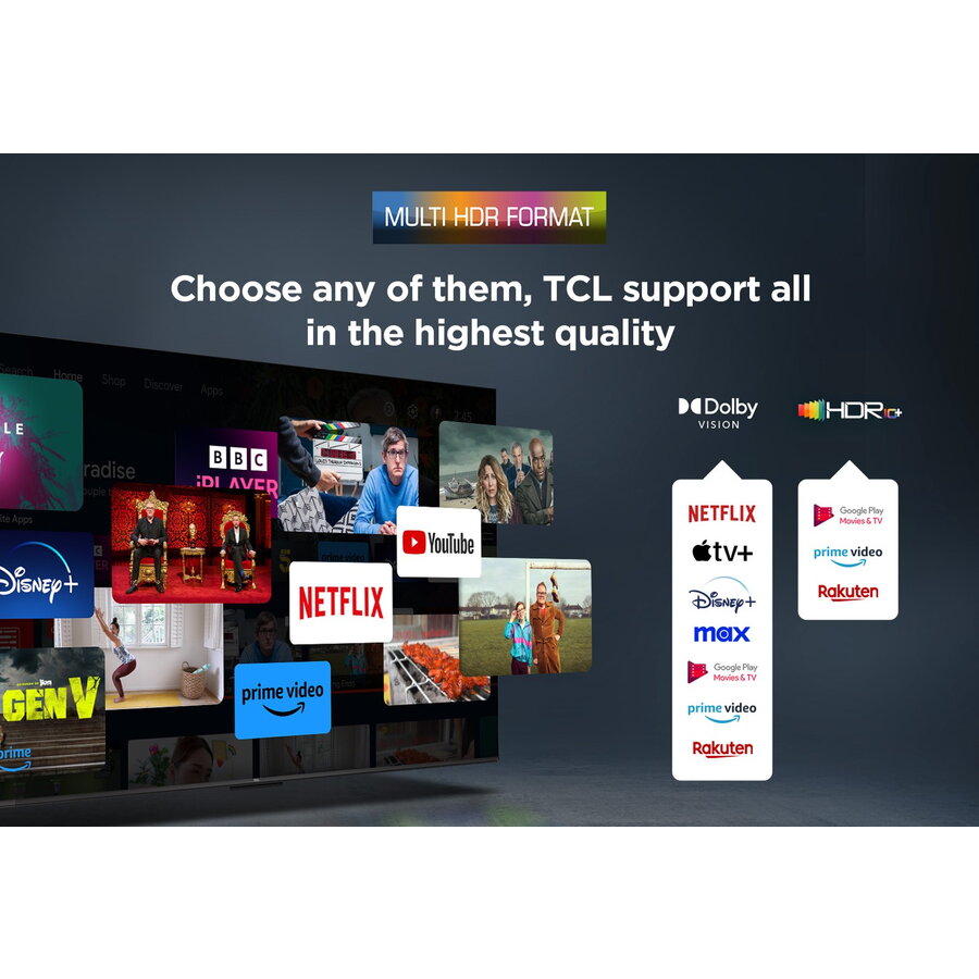 Televizor LED Smart TCL 55V6C, diagonala 139 cm, Ultra HD / 4K, clasa E, sistem operare Google TV, tehnologie HDR, Dolby Audio, Chromecast, T-Cast, Game Mode, negru