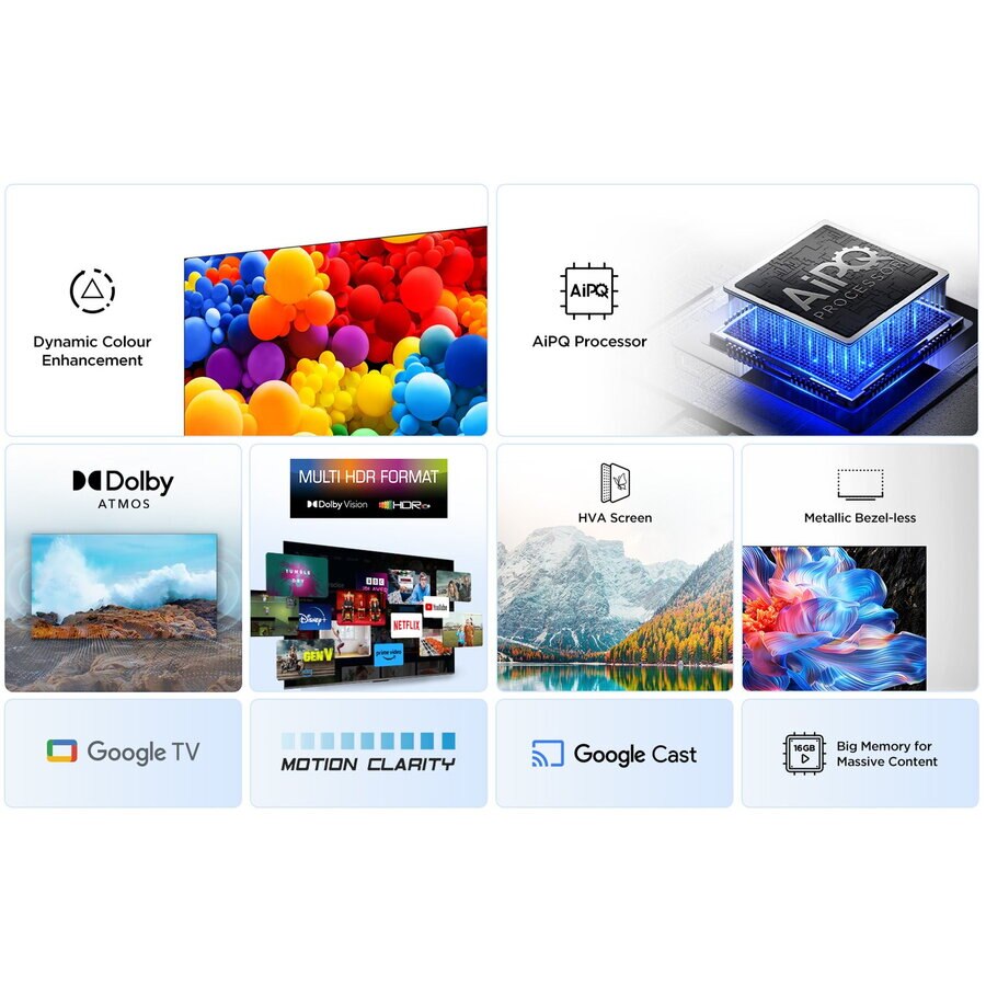 Televizor LED Smart TCL 55V6C, diagonala 139 cm, Ultra HD / 4K, clasa E, sistem operare Google TV, tehnologie HDR, Dolby Audio, Chromecast, T-Cast, Game Mode, negru