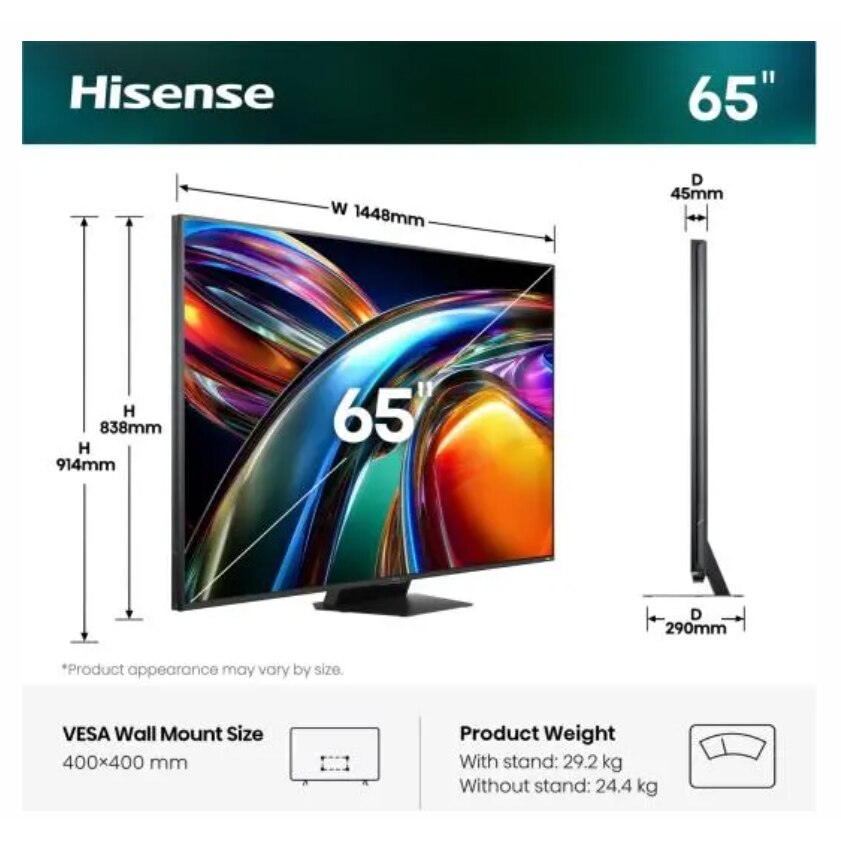 Televizor MiniLED Hisense 165 cm 65" 65UR9DS, Ultra HD 4K, Smart TV, WiFi, CI+