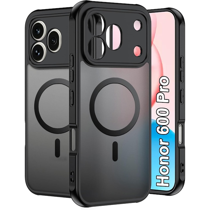 Husa pentru Honor 600 Pro cu protectie pentru lentile si MagFit EasyCharge, Ghost Series Anti-ingalbenire, frosted - negru