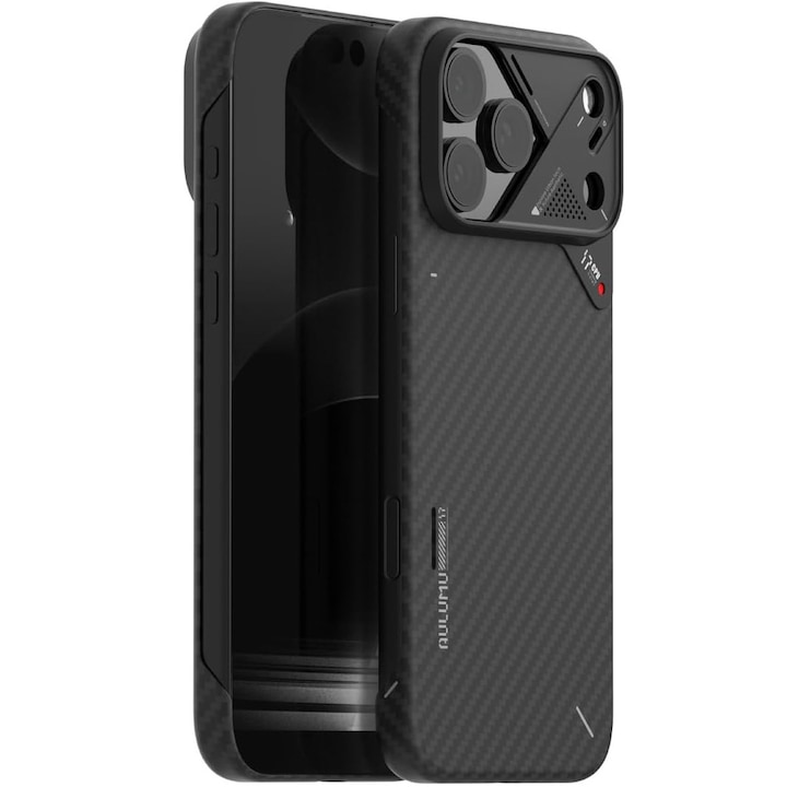 Husa pentru iPhone 17 Pro din fibra de aramida, Aulumu A17, Ultra slim, compatibila MagSafe, Racire activa CoolHyper, Cadru camera din Aluminiu, Design rezistent la socuri, Disipare caldura, Protectie premium, Negru
