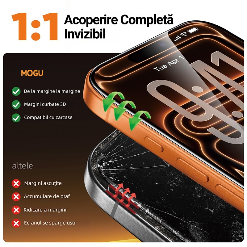 Set de 2 Folie de Protectie Pentru Telefon Mobil, Folie Protectie Sticla MOGU® Pentru iPhone 17 Pro, Protectie Profesionala Ecran 3D, Full Cover, Anti Zgarieturi, Advanced Touch Sensitivity, Ultra HD, Anti-amprente, Transparenta