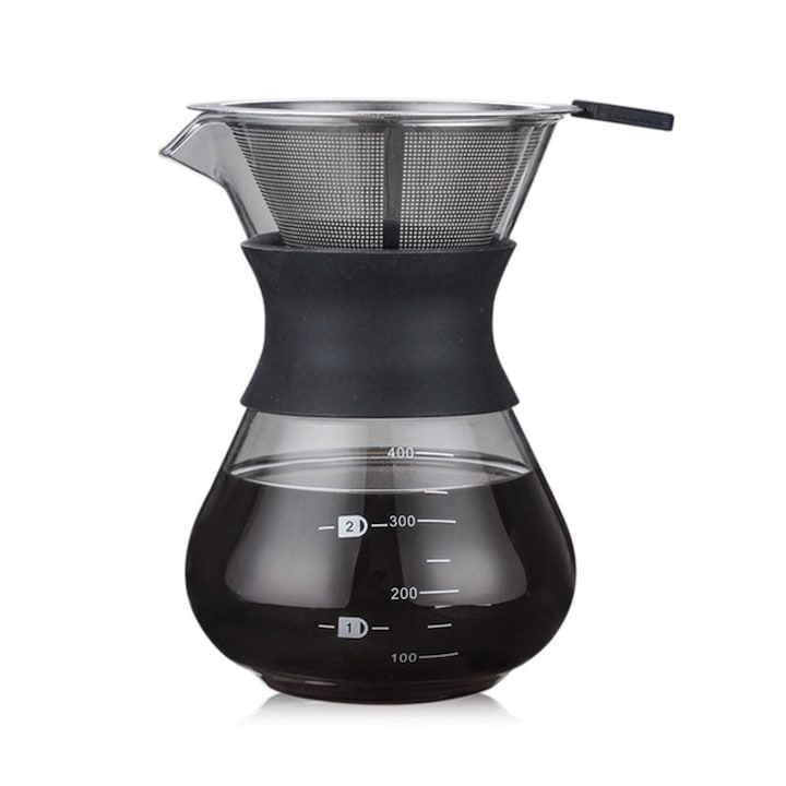 Cafetiera filtranta 400ml, sticla borosilicata, filtru inox, silicon, 2-3 cani