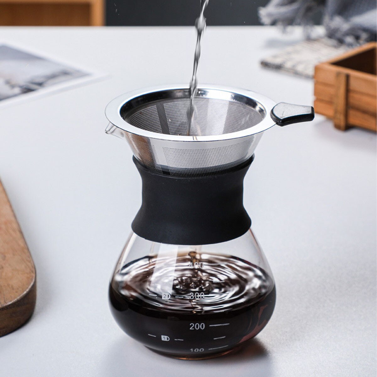 Cafetiera filtranta 400ml, sticla borosilicata, filtru inox, silicon, 2-3 cani