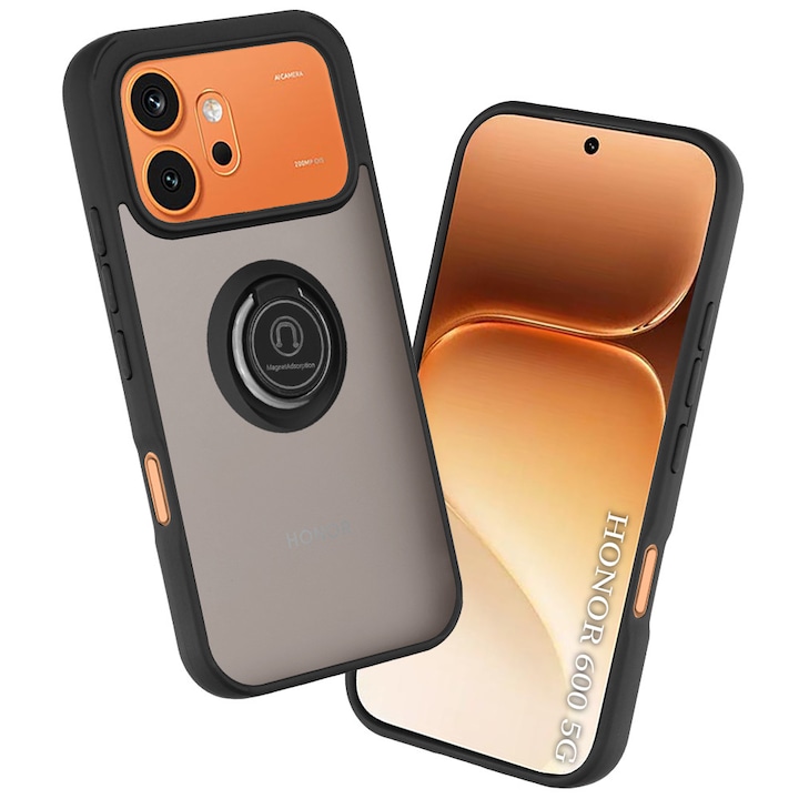 Husa de protectie pentru Honor 600 / 600 Pro premium cu inel stand rotativ, suport magnetic si bumper anti-alunecare - negru
