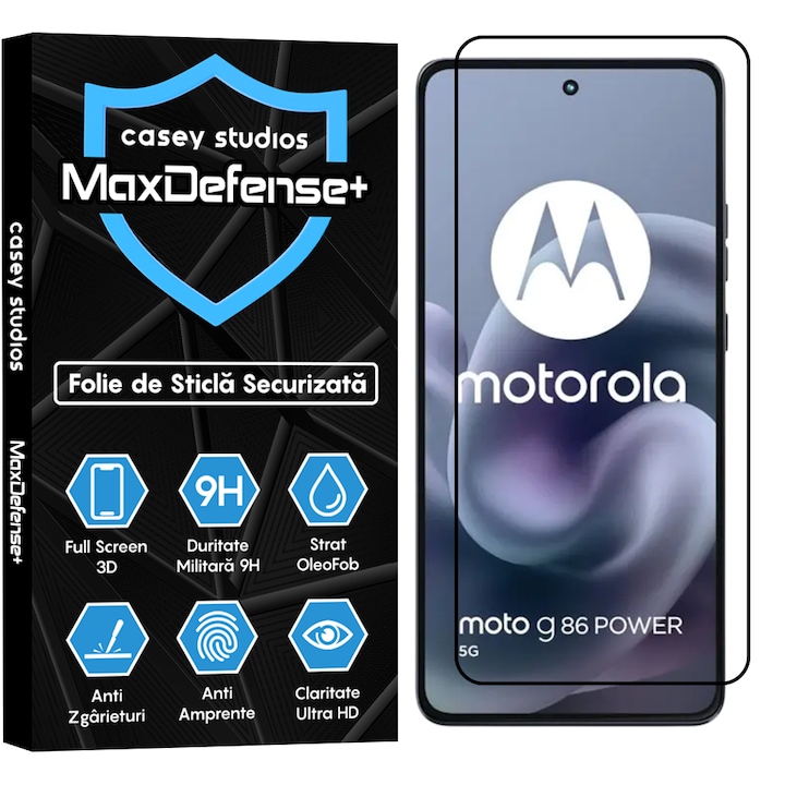 Folie Sticla CASEY STUDIOS™ pentru Motorola Moto G86 Power, Full Cover 3D, Full Glue, Duritate Militara, Protectie Profesionala Ecran 3D, Anti Zgarieturi, Margini Negre