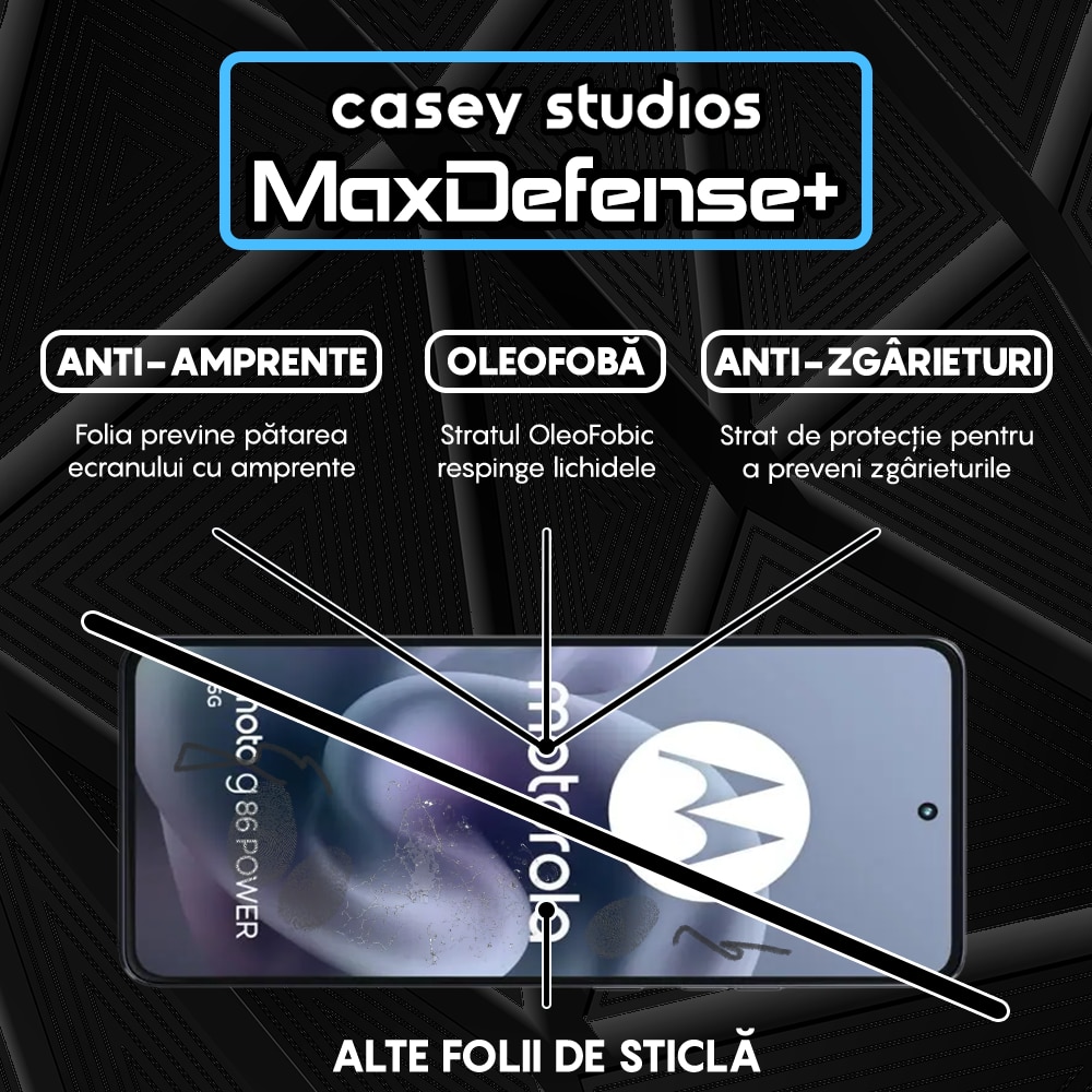 Folie Sticla CASEY STUDIOS™ pentru Motorola Moto G86 Power, Full Cover 3D, Full Glue, Duritate Militara, Protectie Profesionala Ecran 3D, Anti Zgarieturi, Margini Negre