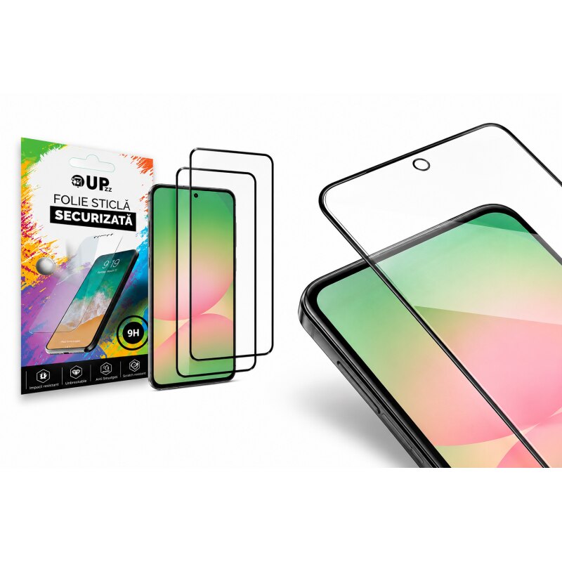 Pachet 2 x Folie Sticla Securizata Upzz® Compatibila Cu Samsun Galaxy A27 5G, Transparenta Cu Rama Neagra, Full Glue