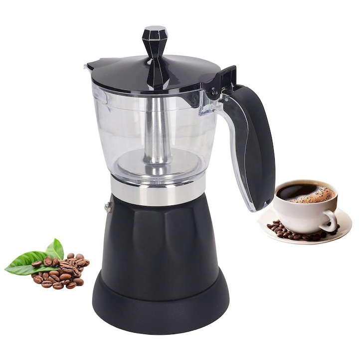 Cafetiera electrica 6 cesti 300ml, capac transparent, aluminiu si PP, compacta, alba