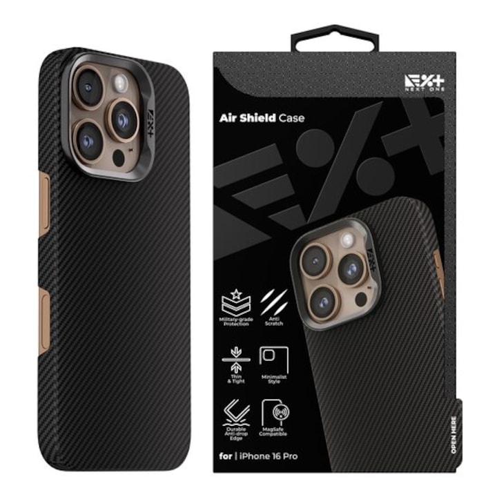 Husa NOA AirShield Magnetica din Aramida pentru iPhone 16 Pro, Protectie avansata, MagSafe, Subtire, Neagra