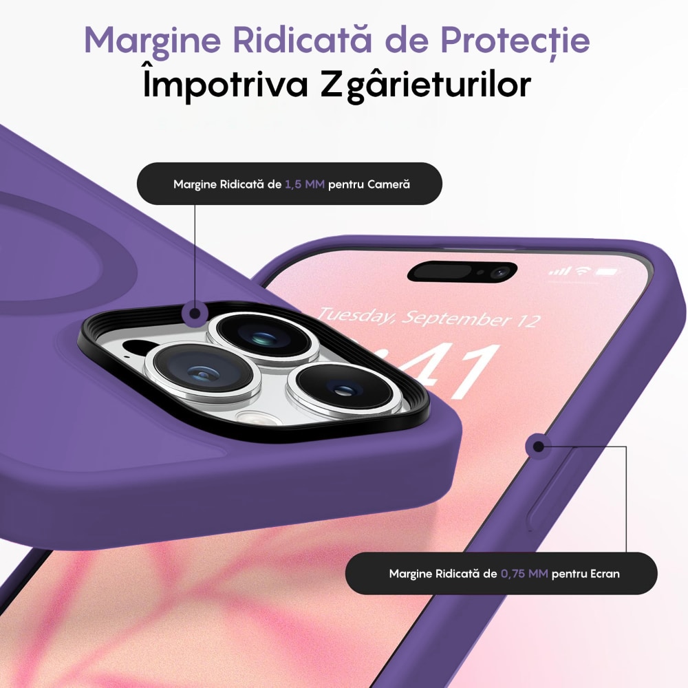 Husa compatibila cu Incarcare Magsafe compatibila cu iPhone 14 Pro, CASEY STUDIOS™, de Protectie, Slim, pentru Incarcare Wireless, Margini Ridicate de Protectia Ecranului si a Camerelor, Mov Inchis