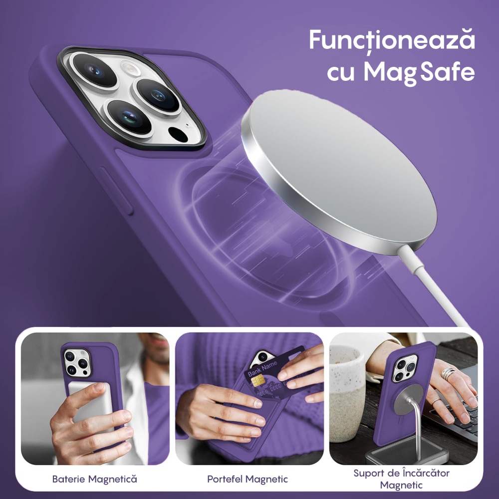 Husa compatibila cu Incarcare Magsafe compatibila cu iPhone 14 Pro, CASEY STUDIOS™, de Protectie, Slim, pentru Incarcare Wireless, Margini Ridicate de Protectia Ecranului si a Camerelor, Mov Inchis