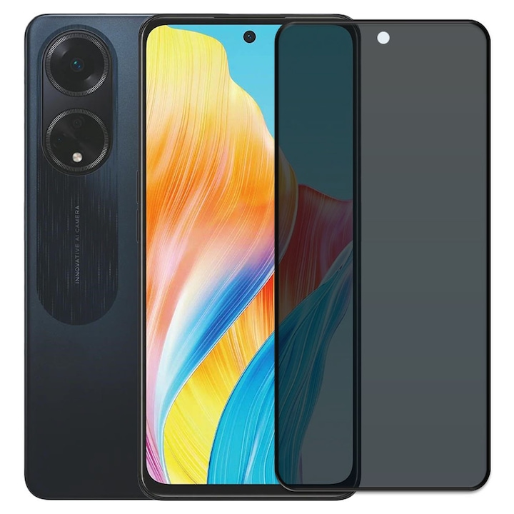 Folie din sticla securizata pentru Oppo A98 5G, HAMSTERBOX Privacy Shield, Protectie completa ecran, Full face, Aplicare rapida, Case Friendly, Negru