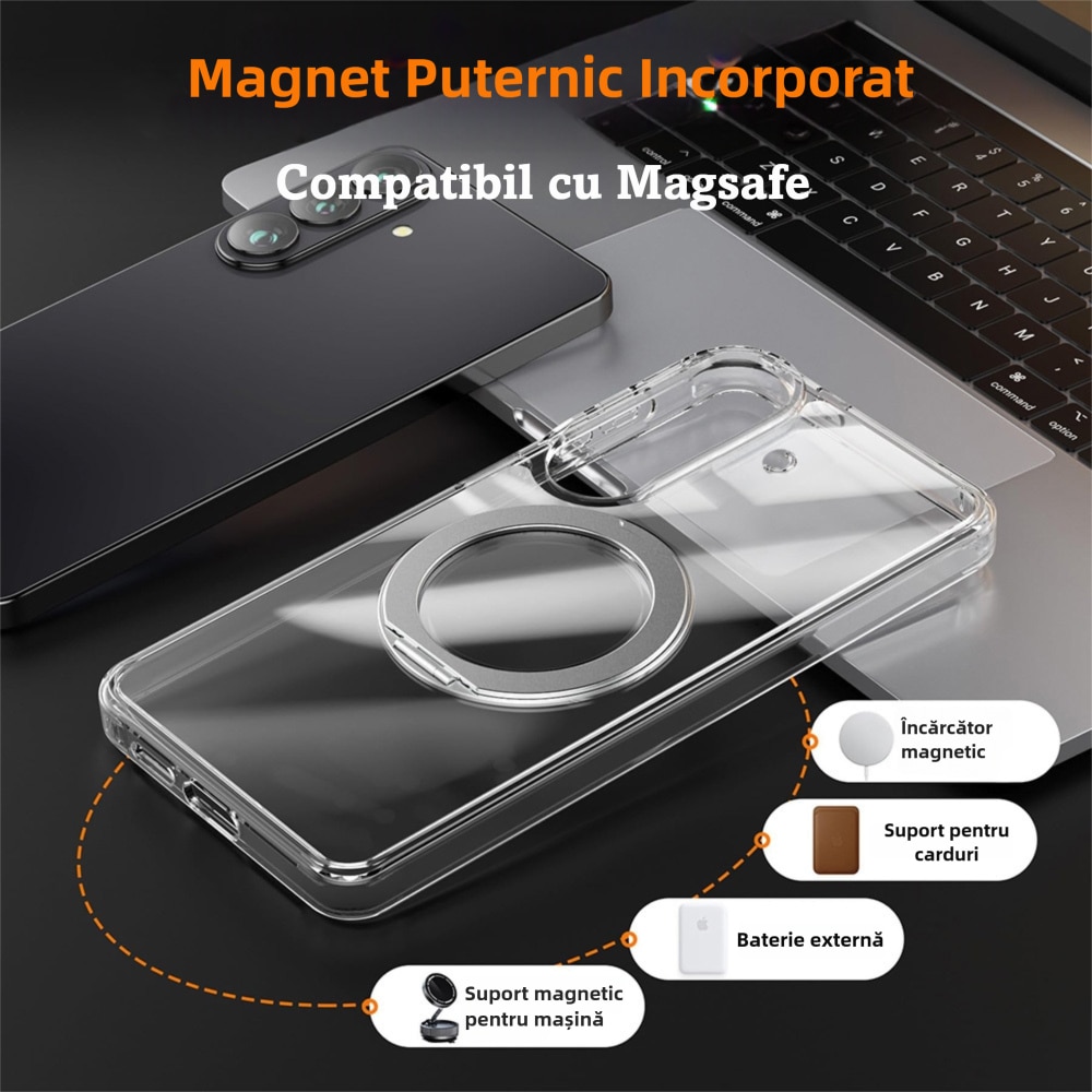 Husa cu MagSafe pentru Samsung Galaxy S26, MOGU Suport Inelar Magnetic, Protectie Militara Impotriva Caderilor, Incarcare Wireless, Inel Rotativ, Anti-ingalbenire, Rezistenta la Socuri, Transparent
