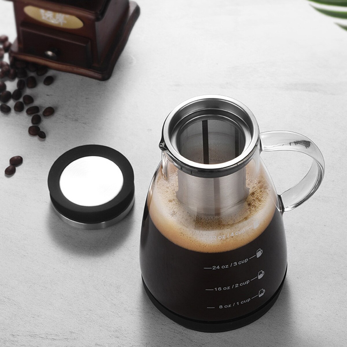 Aparat de cafea cu gheata de 960 ml, espressor cu filtru la rece, aparat de cafea portabil pentru calatorii si camping, fara plumb, aparat de cafea cu presa de sticla