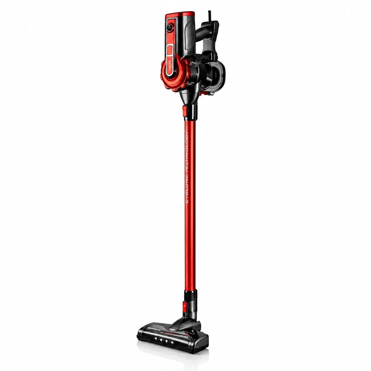 Aspirator vertical cu fir HAEGER VENUS PLUS, Putere 600W, filtrare ciclonica, recipient detasabil 500ml, nivel zgomot redus, perie pentru animale de companie, Lungime cablu 5m, Rosu metalizat