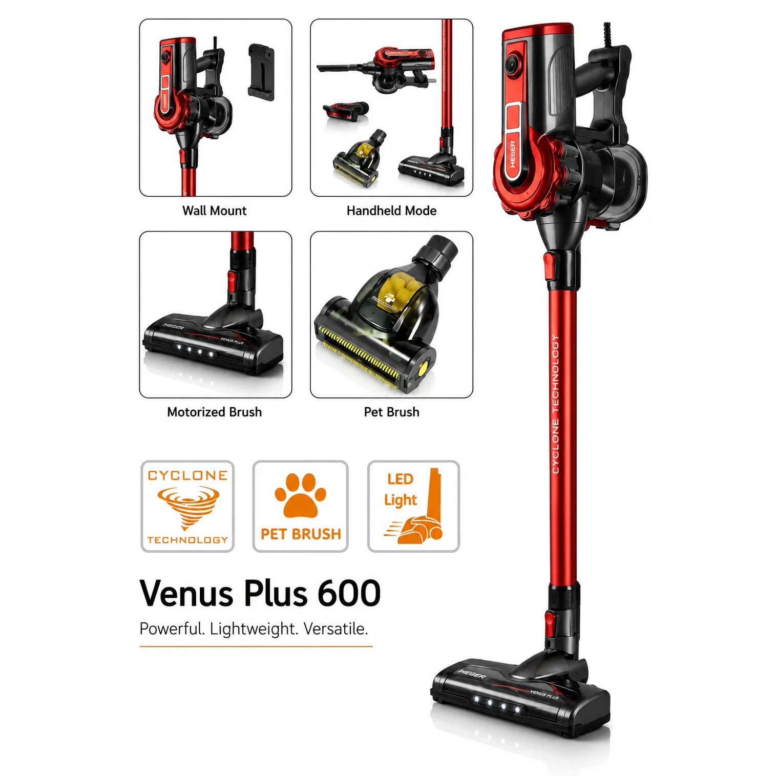 Aspirator vertical cu fir HAEGER VENUS PLUS, Putere 600W, filtrare ciclonica, recipient detasabil 500ml, nivel zgomot redus, perie pentru animale de companie, Lungime cablu 5m, Rosu metalizat