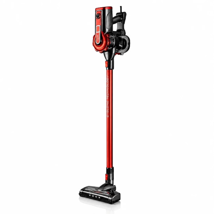 Aspirator vertical cu fir HAEGER VENUS PLUS, Putere 600W, filtrare ciclonica, recipient detasabil 500ml, nivel zgomot redus, perie pentru animale de companie, Lungime cablu 5m, Rosu metalizat