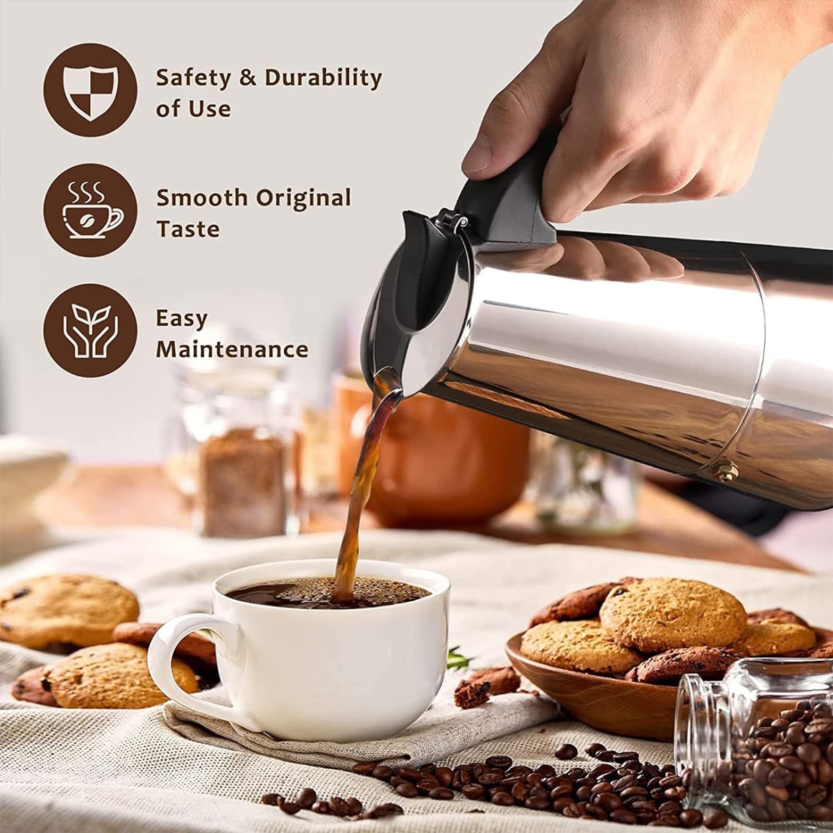 Cafetiera electrica portabila Moka din otel inoxidabil, cana de cafea europeana