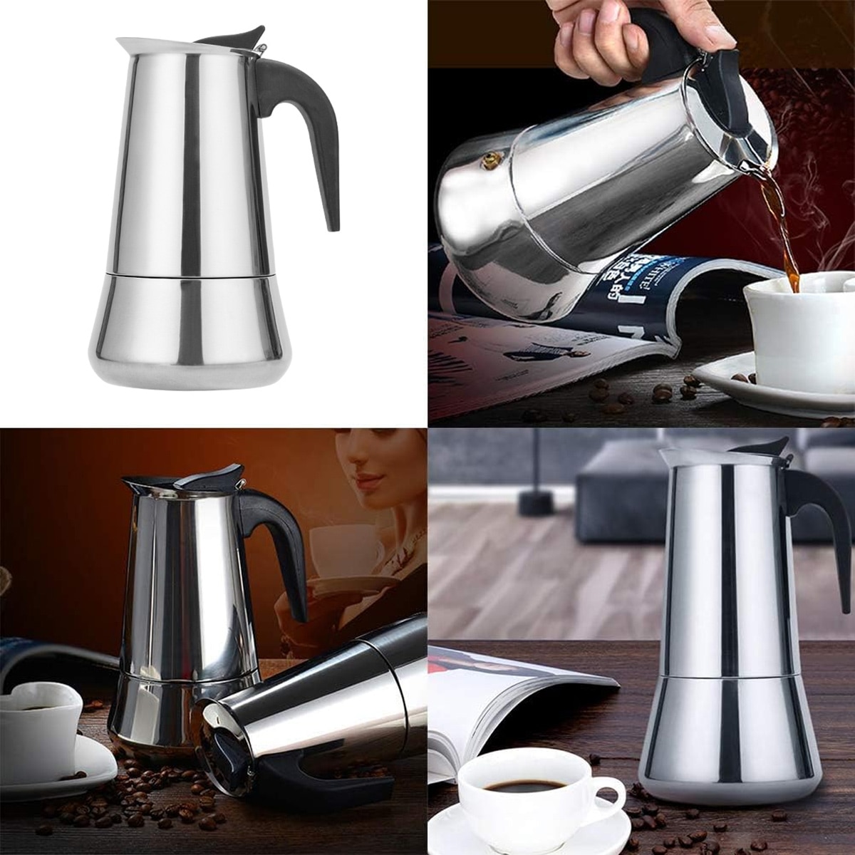 Cafetiera electrica portabila Moka din otel inoxidabil, cana de cafea europeana