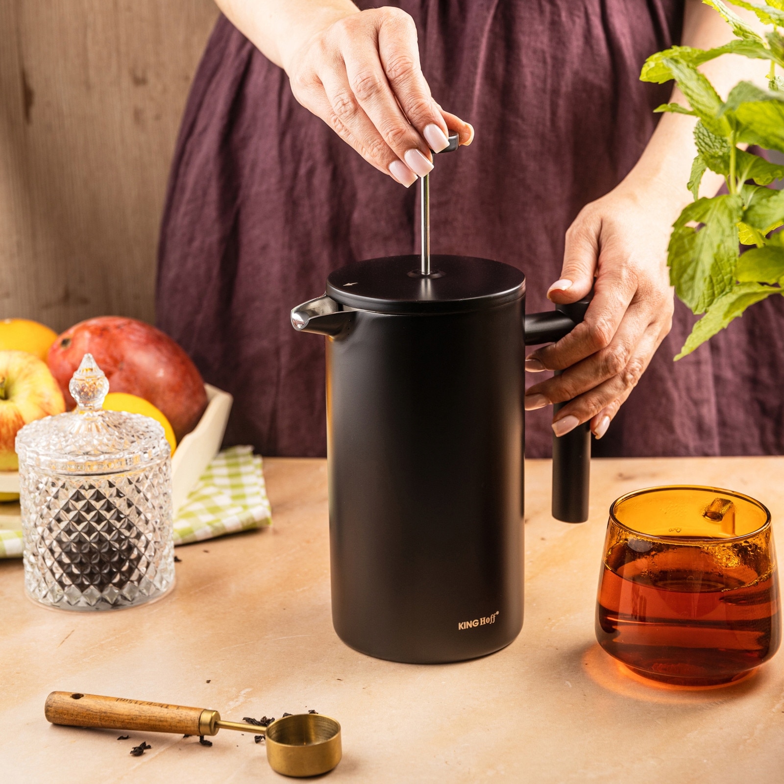 French Press Kinghoff KH-1996 negru mat dublu perete 1L inox