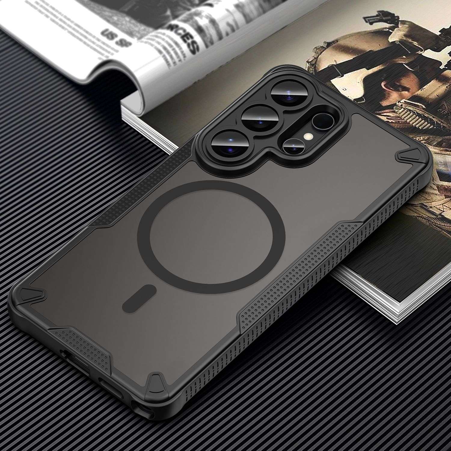 Husa pentru Samsung Galaxy S26 Ultra, MagSafe, Stil Mecha Military, Protectie Camera, Colturi Anti-Impact, Anti-Soc, Negru Transparent