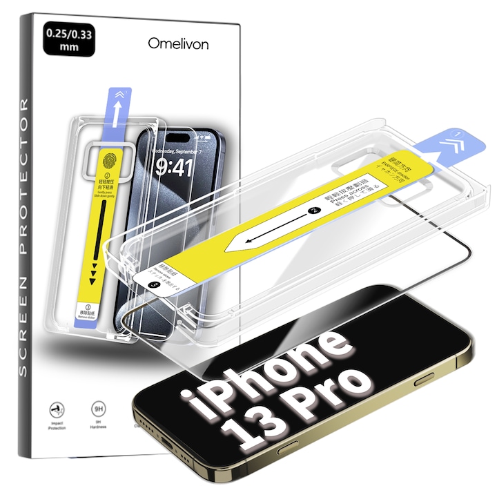 Folie de Protectie pentru iPhone 13 Pro, Omelivon, Sticla Securizata, Full Cover, Margini negre, cu Kit de Aplicare Instanta si Functie Automata de Indepartare a Prafului, Duritate 9H, Ultra HD, Anti Amprente