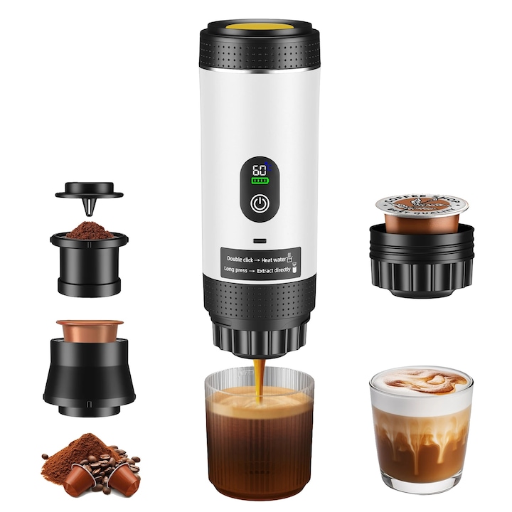 Cafetiera portabila, design compact, alb, 80mL, 7500mAh