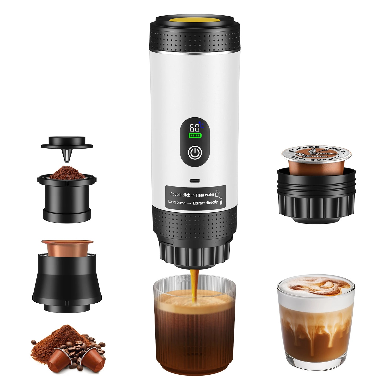Cafetiera portabila, design compact, alb, 80mL, 7500mAh