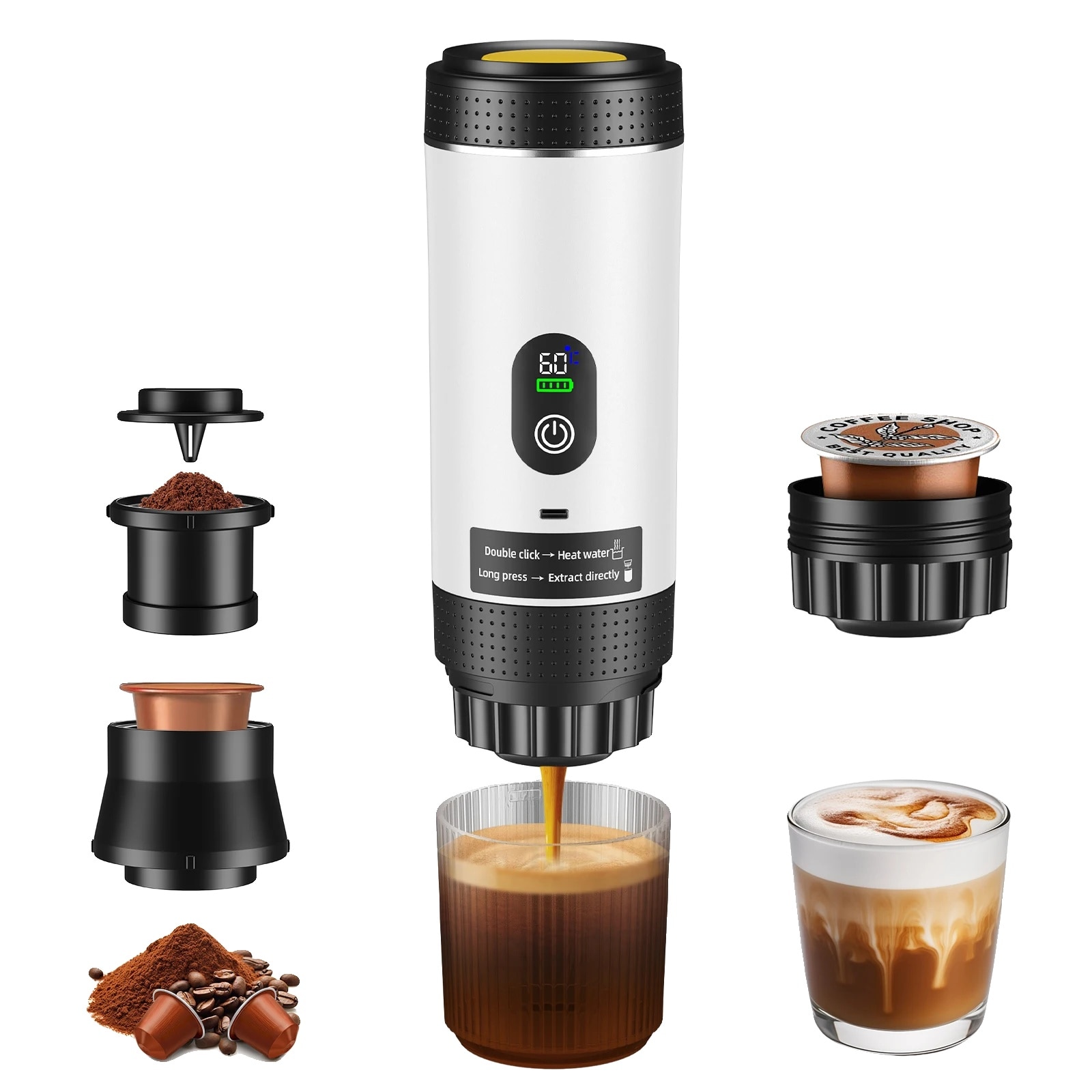 Cafetiera portabila, design compact, alb, 80mL, 7500mAh