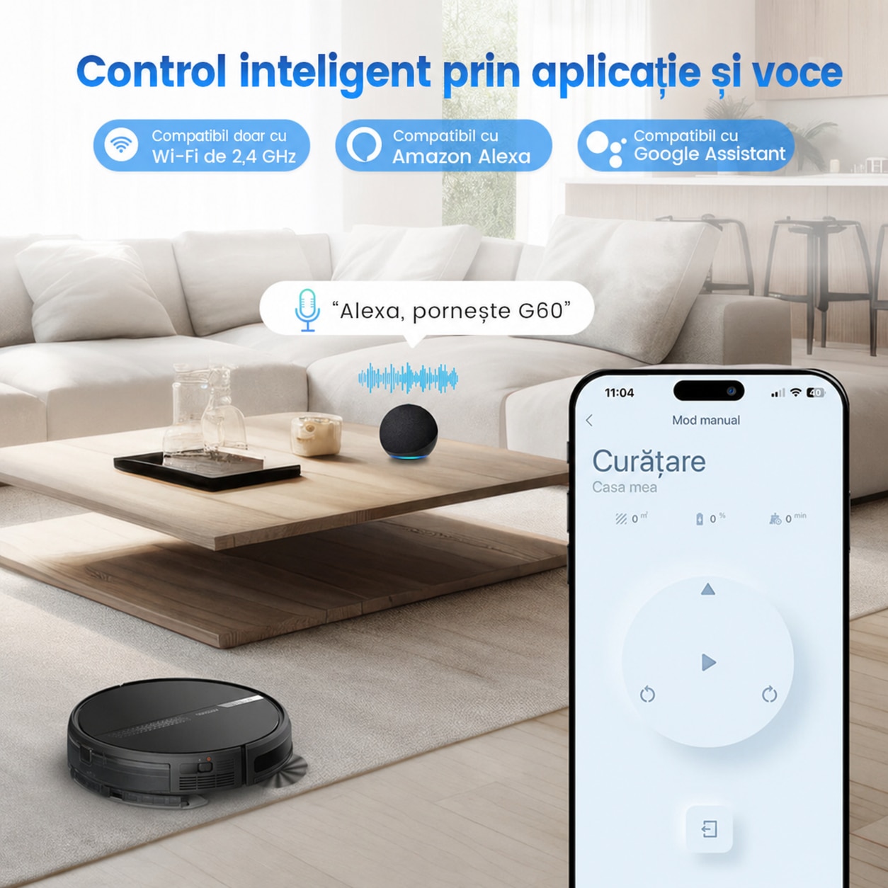 Robot aspirator AIRROBO G60, Aspirare si spalare 3-in-1, Putere 3000 Pa, Autonomie 120 min, Navigatie giroscopica, Wi-Fi, Aplicatie mobila, Alexa si Google Assistant, Negru