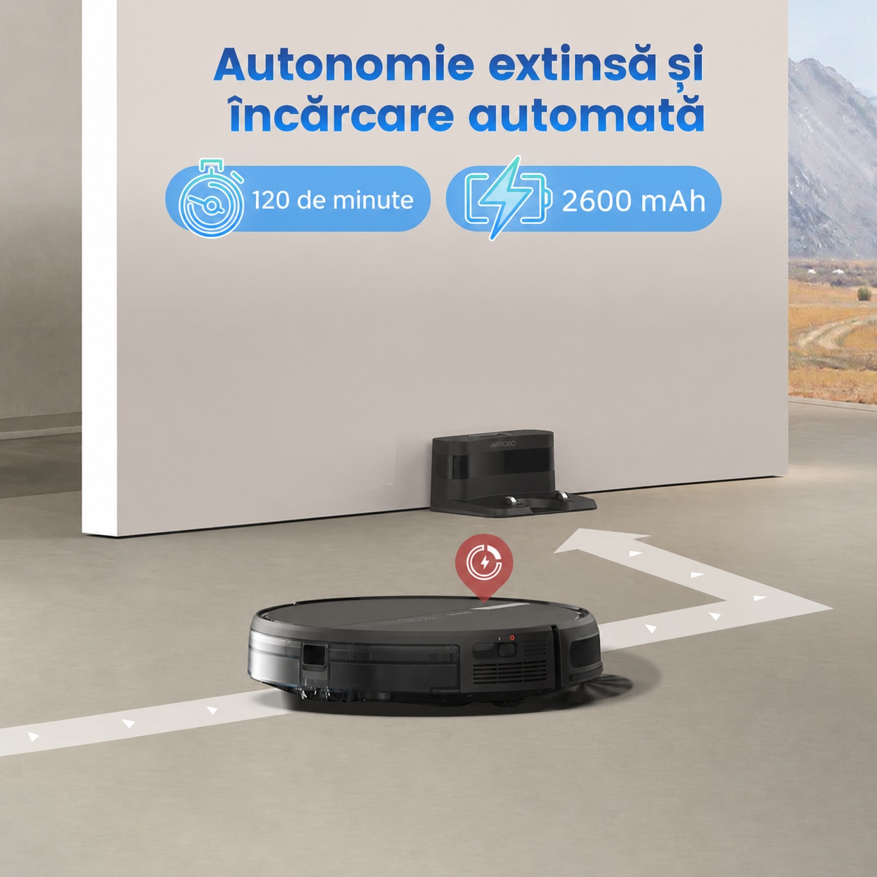 Robot aspirator AIRROBO G60, Aspirare si spalare 3-in-1, Putere 3000 Pa, Autonomie 120 min, Navigatie giroscopica, Wi-Fi, Aplicatie mobila, Alexa si Google Assistant, Negru