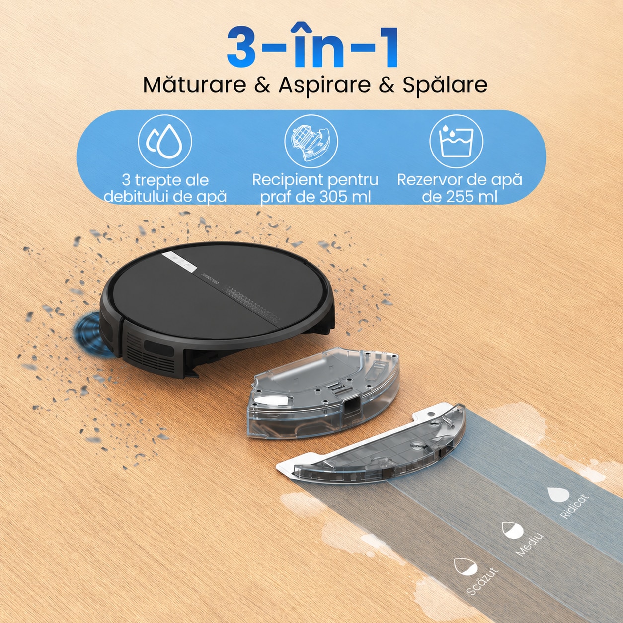Robot aspirator AIRROBO G60, Aspirare si spalare 3-in-1, Putere 3000 Pa, Autonomie 120 min, Navigatie giroscopica, Wi-Fi, Aplicatie mobila, Alexa si Google Assistant, Negru