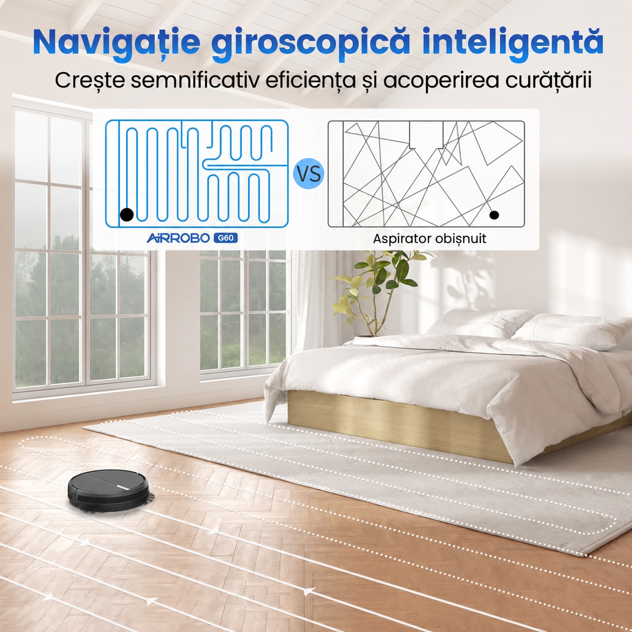 Robot aspirator AIRROBO G60, Aspirare si spalare 3-in-1, Putere 3000 Pa, Autonomie 120 min, Navigatie giroscopica, Wi-Fi, Aplicatie mobila, Alexa si Google Assistant, Negru