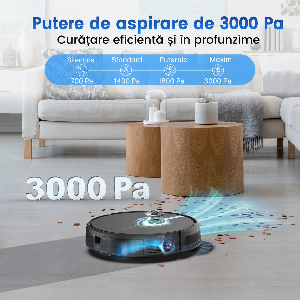 Robot aspirator AIRROBO G60, Aspirare si spalare 3-in-1, Putere 3000 Pa, Autonomie 120 min, Navigatie giroscopica, Wi-Fi, Aplicatie mobila, Alexa si Google Assistant, Negru