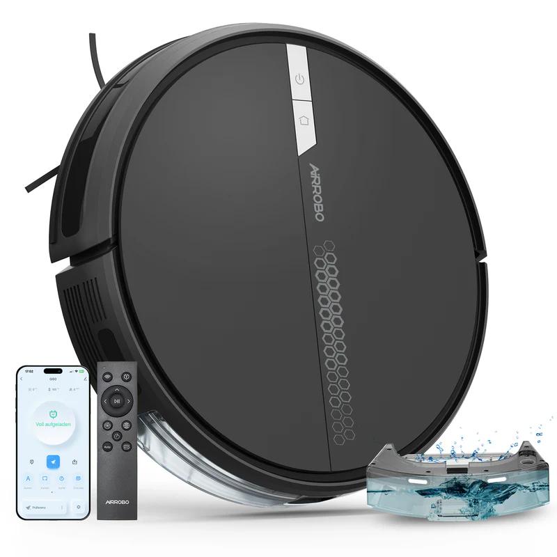 Robot aspirator AIRROBO G60, Aspirare si spalare 3-in-1, Putere 3000 Pa, Autonomie 120 min, Navigatie giroscopica, Wi-Fi, Aplicatie mobila, Alexa si Google Assistant, Negru