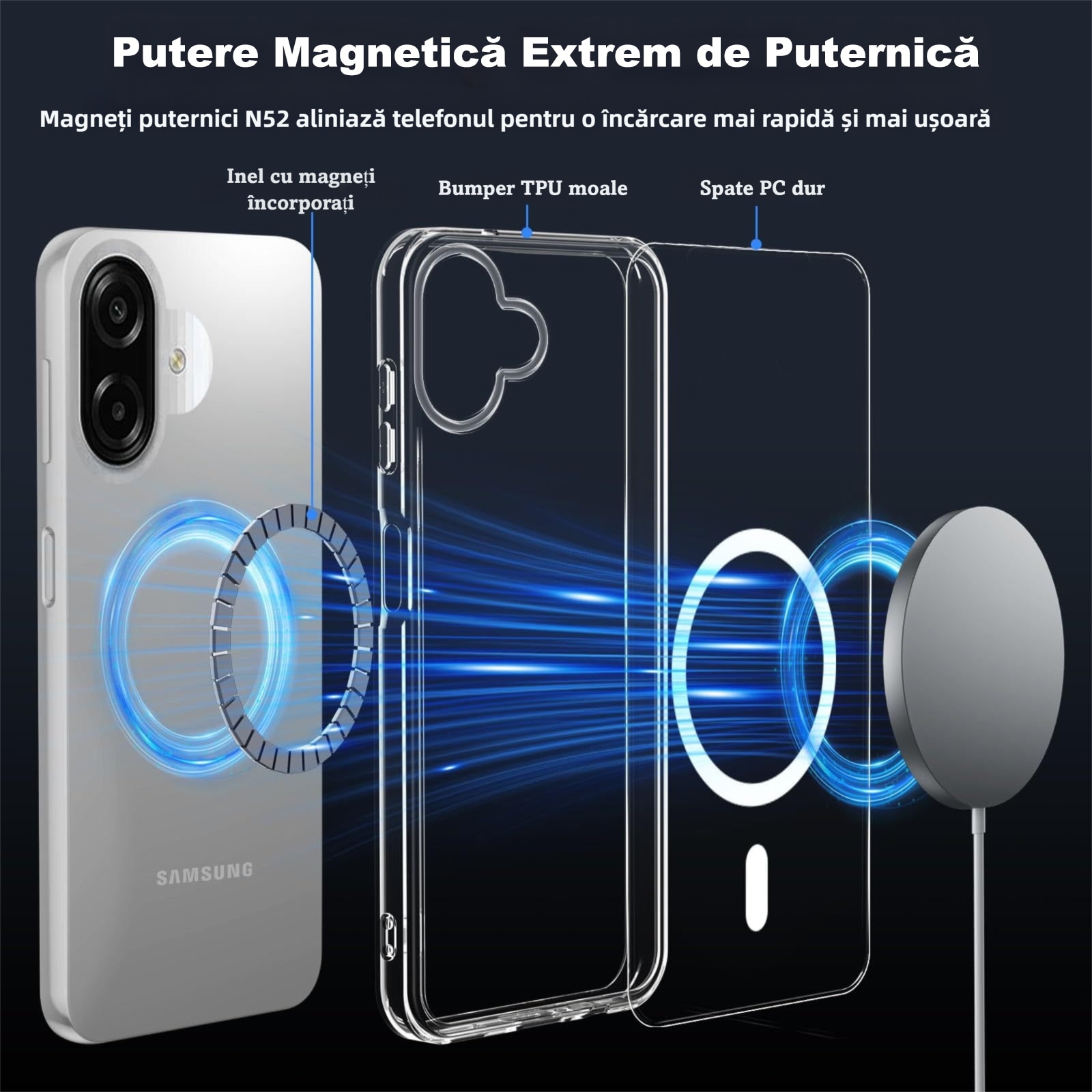 Husa Magnetica pentru Samsung Galaxy A07 5G, MOGU MagSafe Husa de Protectie, Incarcare Wireless, Margini Ridicate pentru Protectia Ecranului, Anti-ingalbenire, Spate rigid din PC Rezistent la Zgarieturi, Protectie Militara, TPU, Transparenta