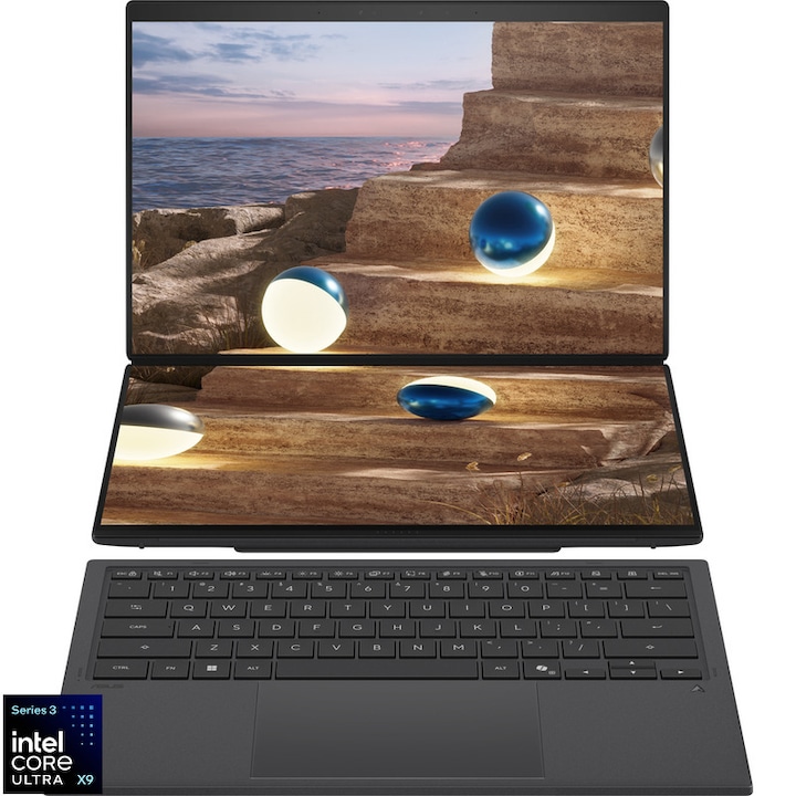Laptop ASUS Zenbook DUO UX8407AA Procesor Intel® Core™ Ultra X9 388H 18M Cache, up to 5.10 GHz 14" 3K OLED 144Hz Touch, 32GB LPDDR5X, 2TB SSD, Intel Arc B390 Graphics, Windows 11 Pro, Gri